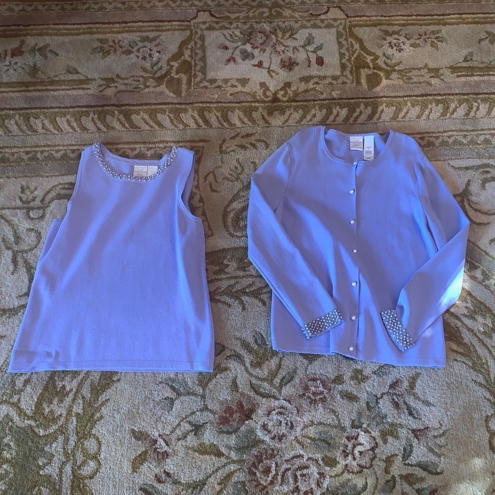 Emma James Lavender sweater set with pearl embellishments